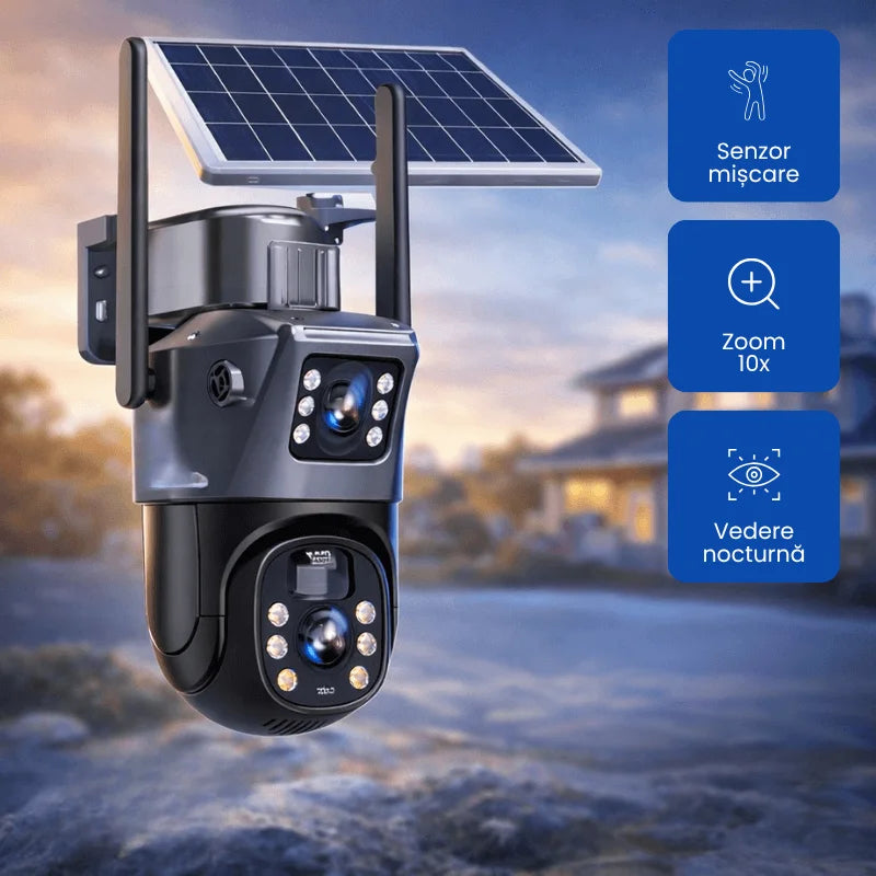 Camera de Supraveghere Solara Wi-Fi 6MP, Lentila Dubla, Zoom 10X, Rotire 360°, Detectare Miscare si Vedere Nocturna