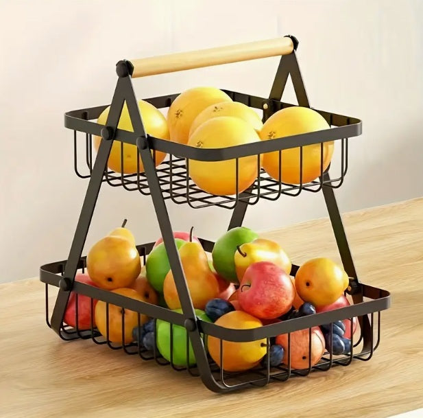 Raft Metalic pentru Bucatarie cu 2 Cosuri Detasabile, Negru, 32x29.9x18 cm