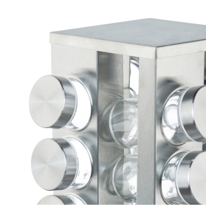 Set Condimente 16 Recipiente Sticla cu Suport Rotativ Inox, 19x28 cm