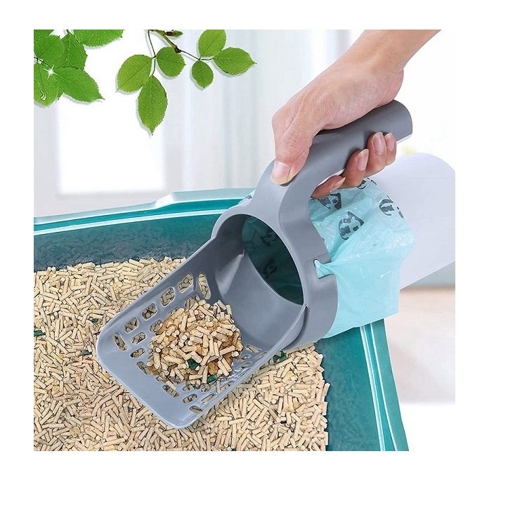 Lopatica pentru litiera pisicii, cu cos colector si 120 saci inclusi, gri