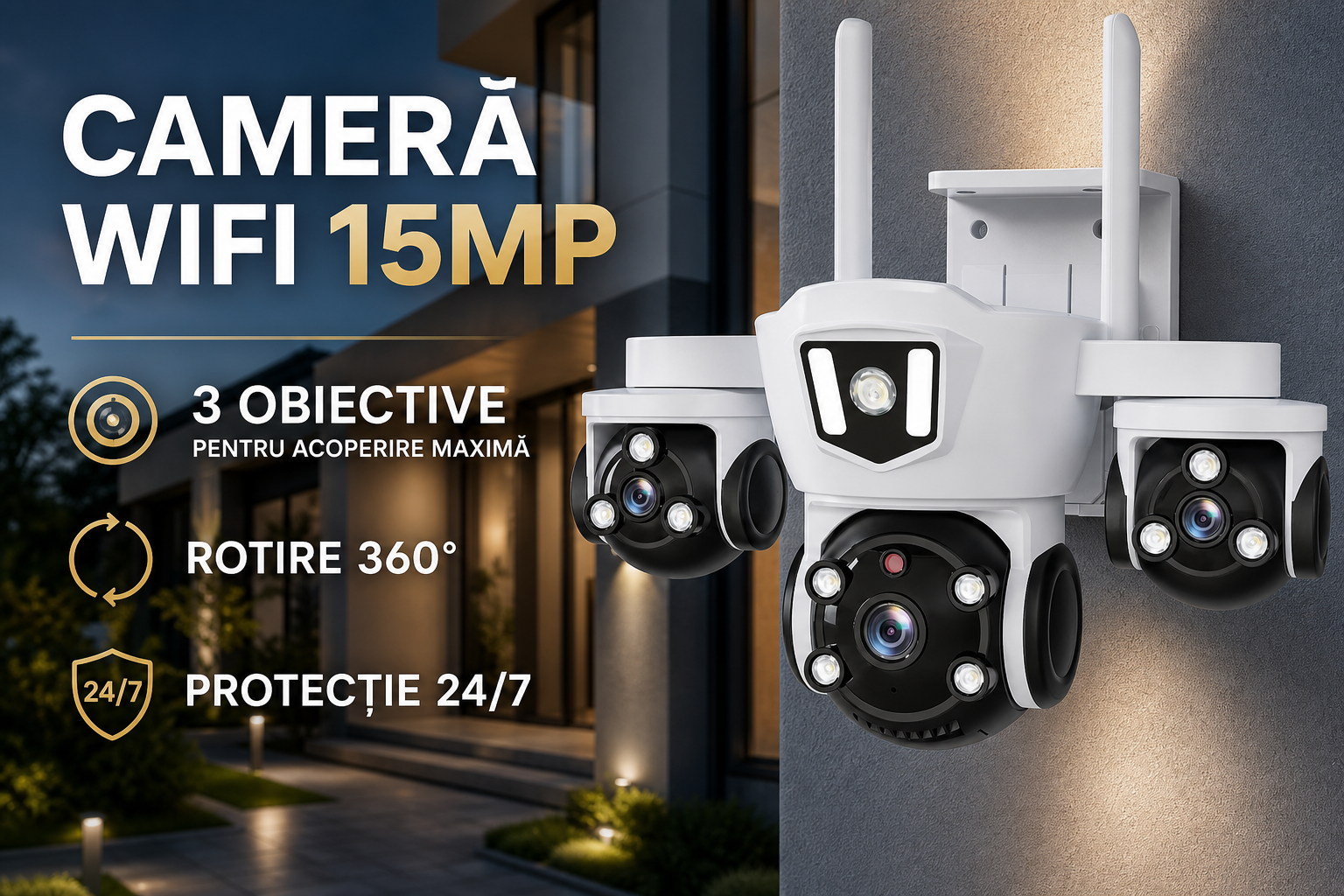 Camera de Supraveghere WiFi 15MP cu 3 Obiective, Zoom Digital 10X, Rotatie 360°, Night Vision Color, IP66