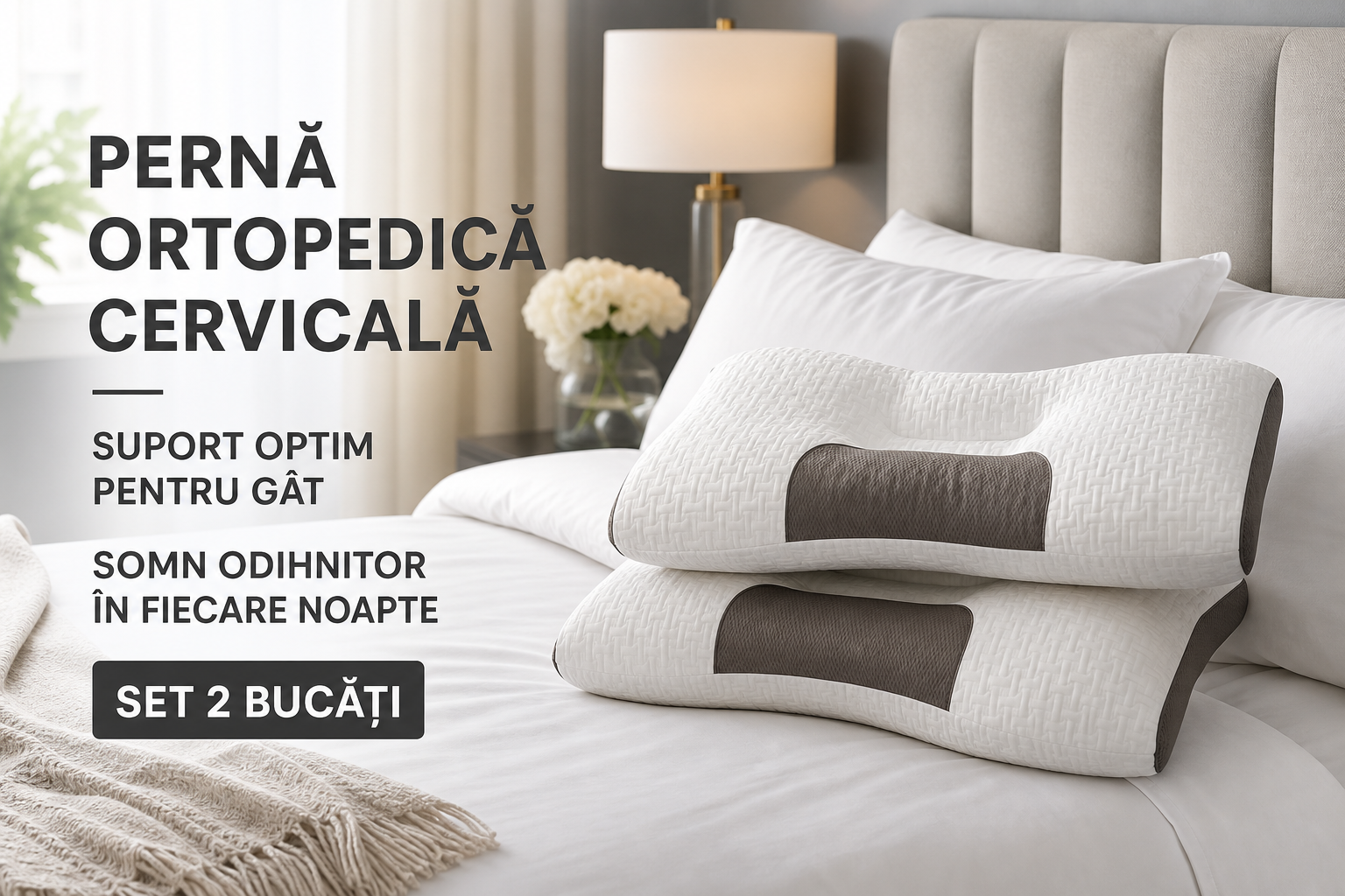 Set 2 Perne Ortopedice Cervicale cu Fibra de Soia, 48 x 74 cm, Suport pentru Gat si Somn Confortabil