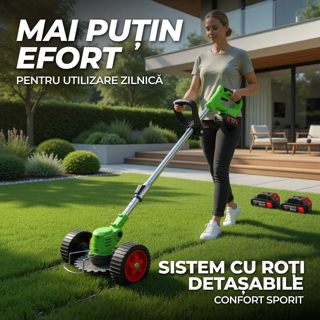 Motocoasa electrica 48V cu doua roti detasabile si maner ergonomic