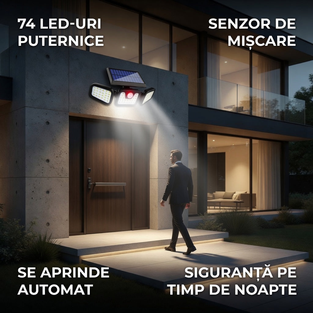 Lampă LED solară exterioară cu 3 spoturi reglabile – 74 LED