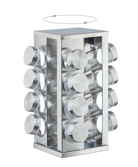 Set Condimente 16 Recipiente Sticla cu Suport Rotativ Inox, 19x28 cm