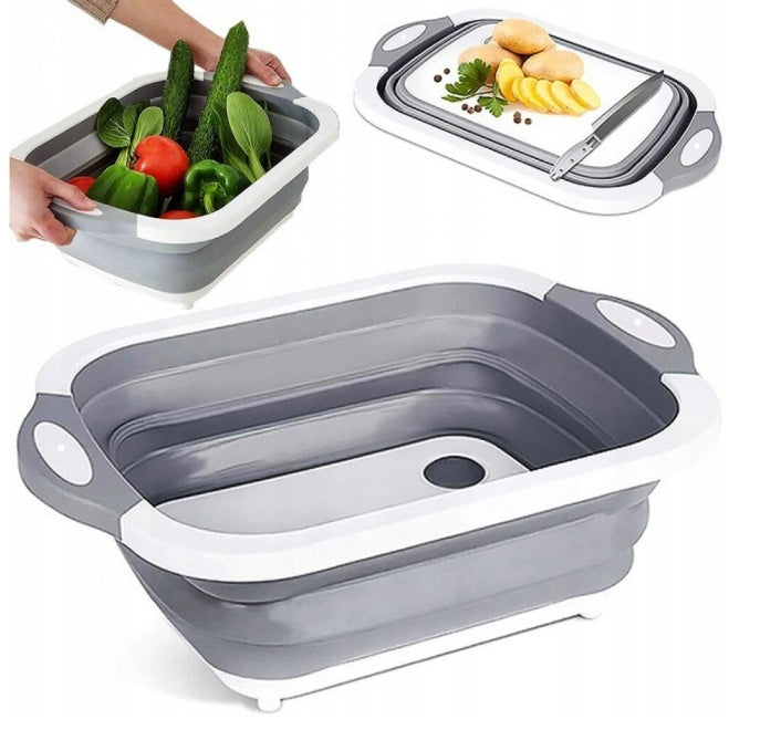 Recipient multifunctional bucatarie, camping si picnic, cu tocator si dop scurgere, 13x40x30 cm