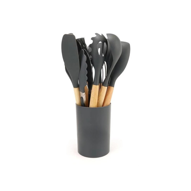 Set 12 ustensile silicon + lemn pentru gatit, antiaderent, rezistente la temperaturi ridicate, eco-friendly, gri