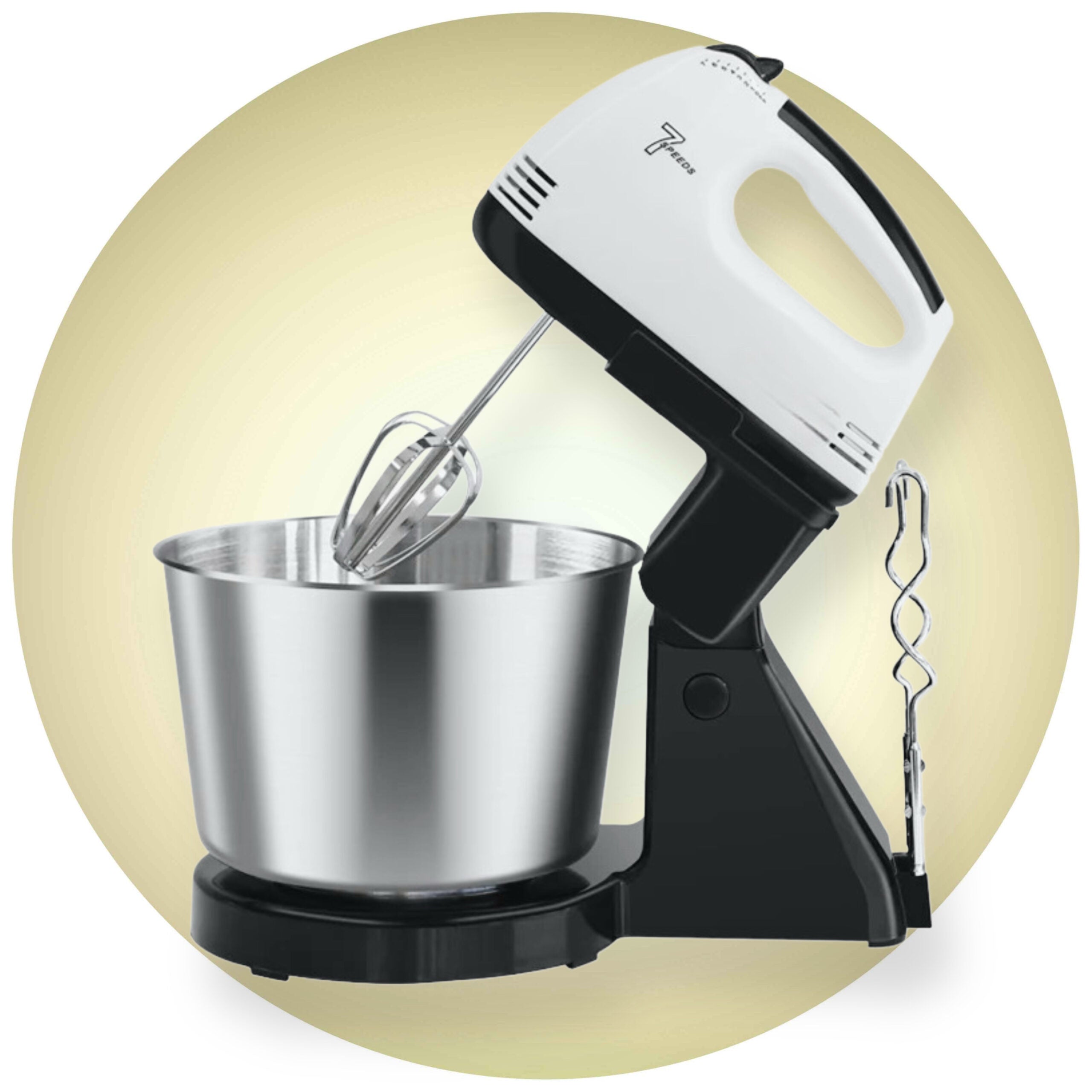 Mixer de bucatarie 250W cu 7 viteze, bol plastic 2L, accesorii pentru framantare, batut frisca si creme