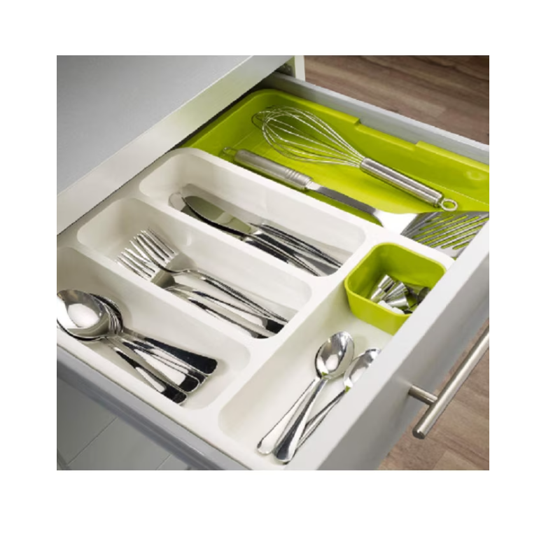 Suport tacamuri extensibil pentru sertar, alb/verde, plastic, 36-47.5 cm