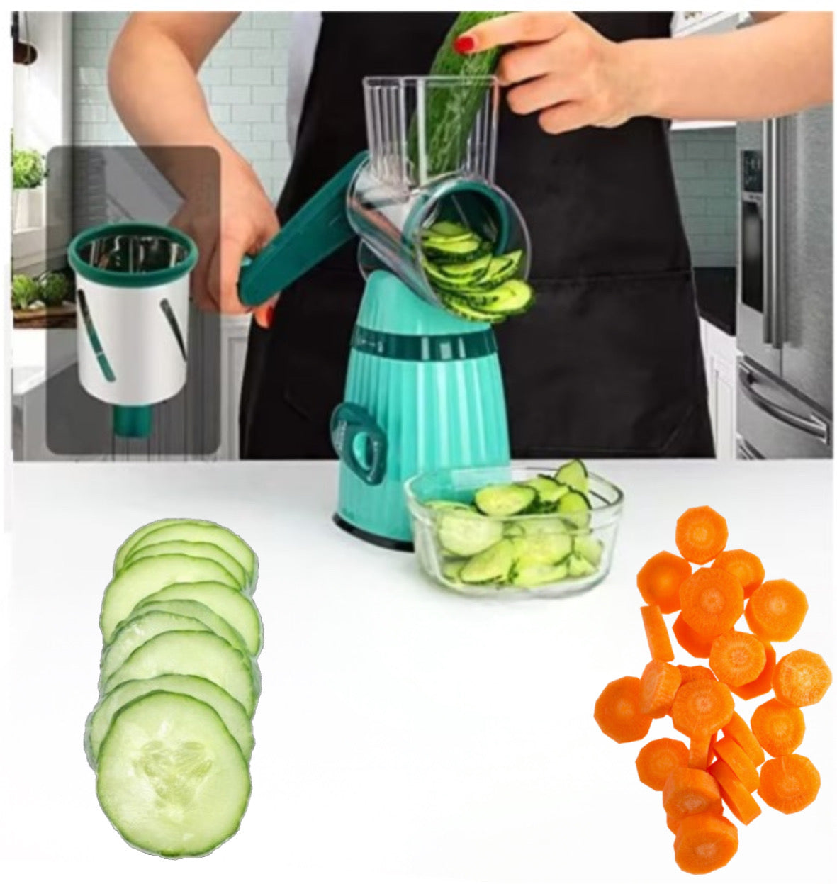 Razatoare multifunctionala 3 in 1, manuala, 3 lame inox, pentru fructe, legume, carne si branzeturi, verde