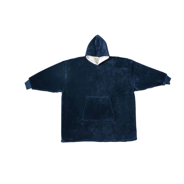 Patura-hanorac 2 in 1, fleece moale, reversibila, cu gluga si maneci, albastra