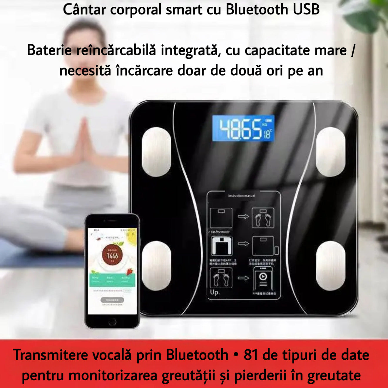 Cantar corporal digital inteligent, cu conexiune Bluetooth, sticla rezistenta, capacitate maxima 180 kg