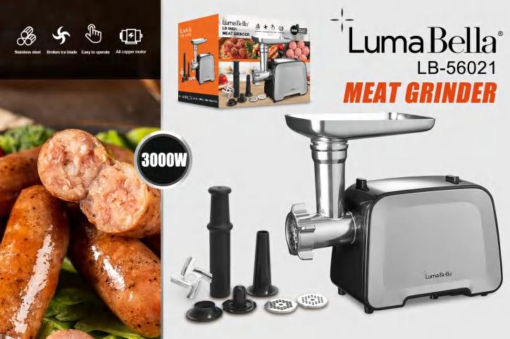 Mașină de Tocat Carne Profesională LumaBella LB-56021, 3000W – Motor Integral din Cupru, Construcție din Oțel Inoxidabil, Kit pentru Cârnați Inclus