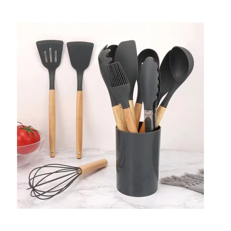 Set 12 ustensile de bucatarie din silicon si lemn, rezistente la temperaturi ridicate, antiaderente, eco-friendly, negru