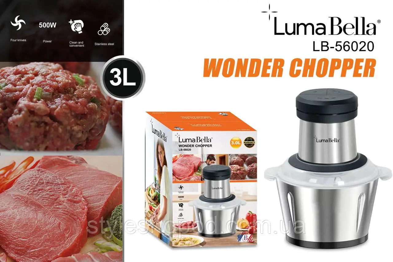 Tocător Universal de Bucătărie LumaBella 500W – Bol din Oțel Inoxidabil 3L, 4 Lame din Oțel 420, 2 Viteze, Design Elegant Metal și Negru