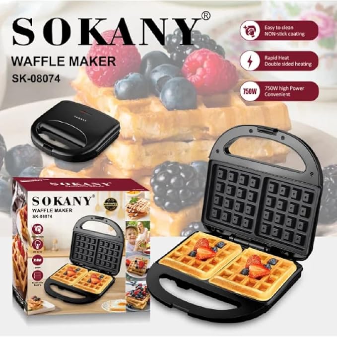 Aparat de Gofre (Waffle Maker) SOKANY SK-08074, 750W – Plăci Duble Antiaderente, Încălzire Bilaterală, Design Compact, Negru