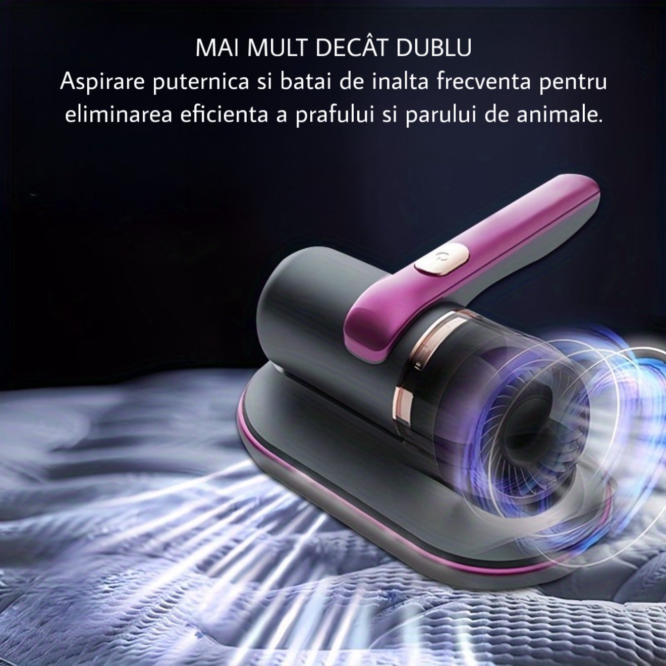 Aspirator de pat anti-acarieni, fara fir, 10000 vibratii/minut, mov, igienizare profunda
