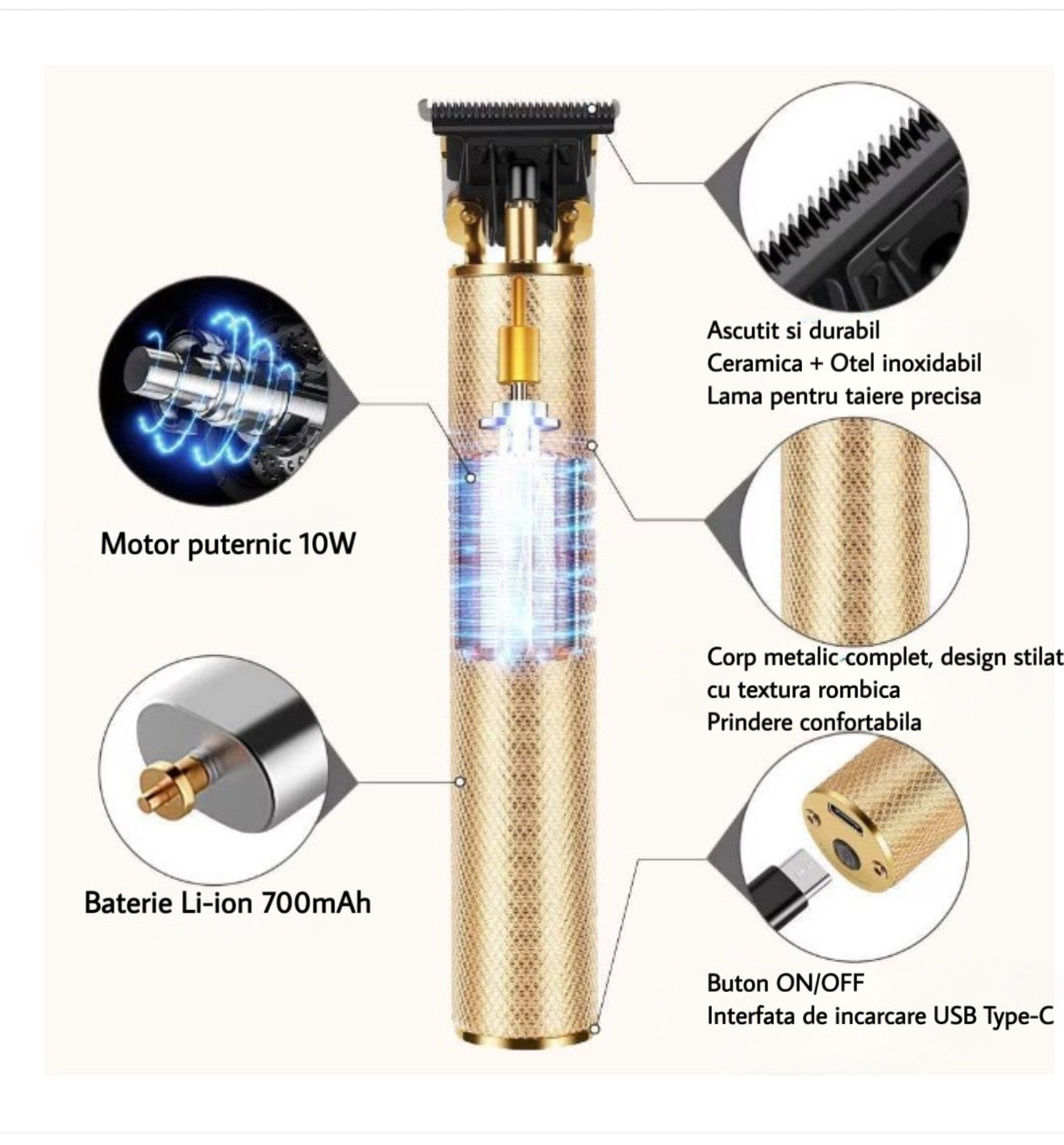 Masina de tuns USB, ergonomica, aurie/neagra, cu 4 capete