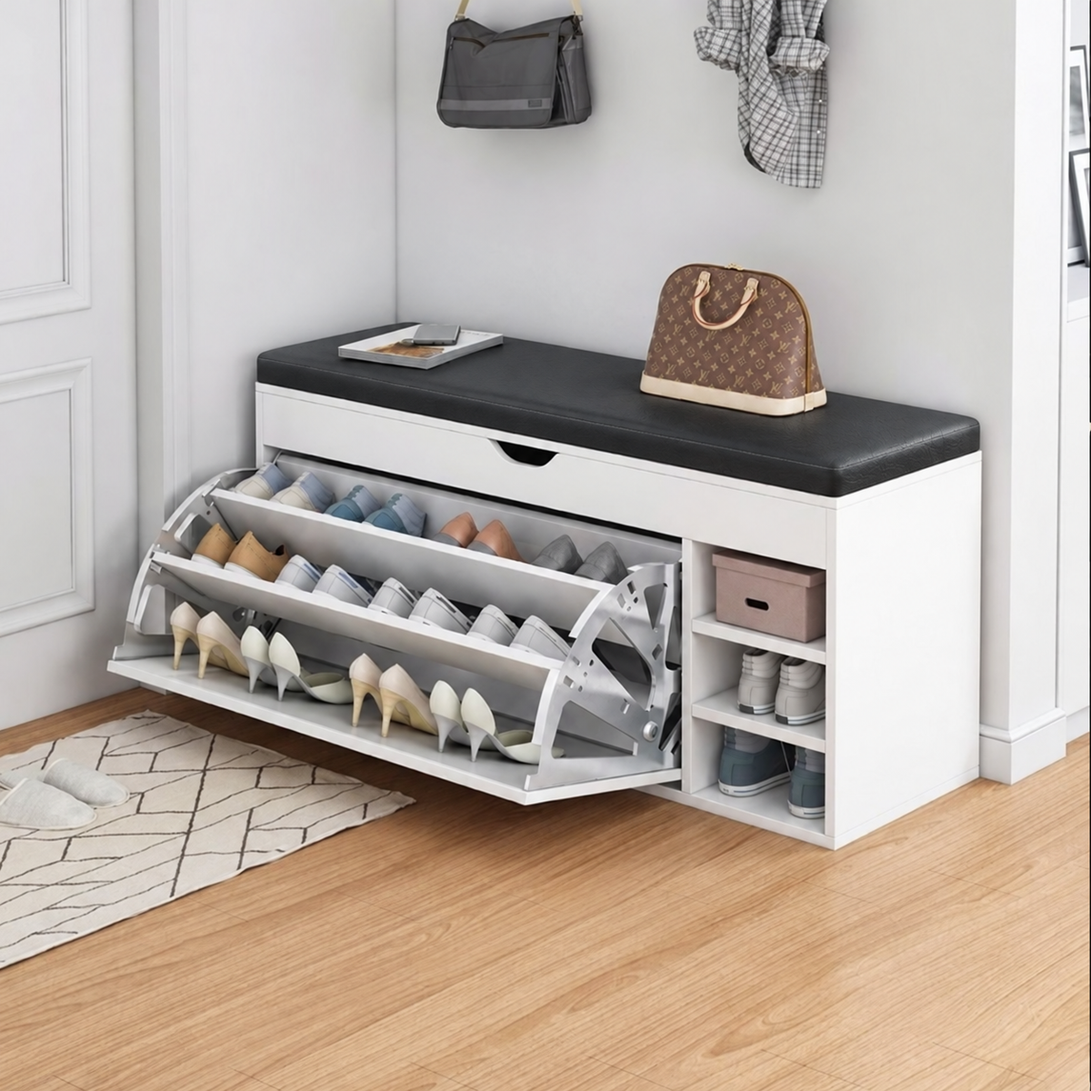 Dulap Pantofi cu Bancuta, Modern si Practic, 100x30x50 cm, Lemn/Alb