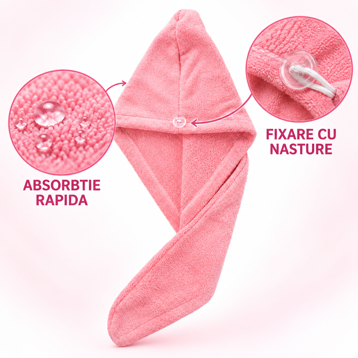 Prosop Turban pentru Păr din Microfibră, Absorbție Rapidă, 60 × 22 cm