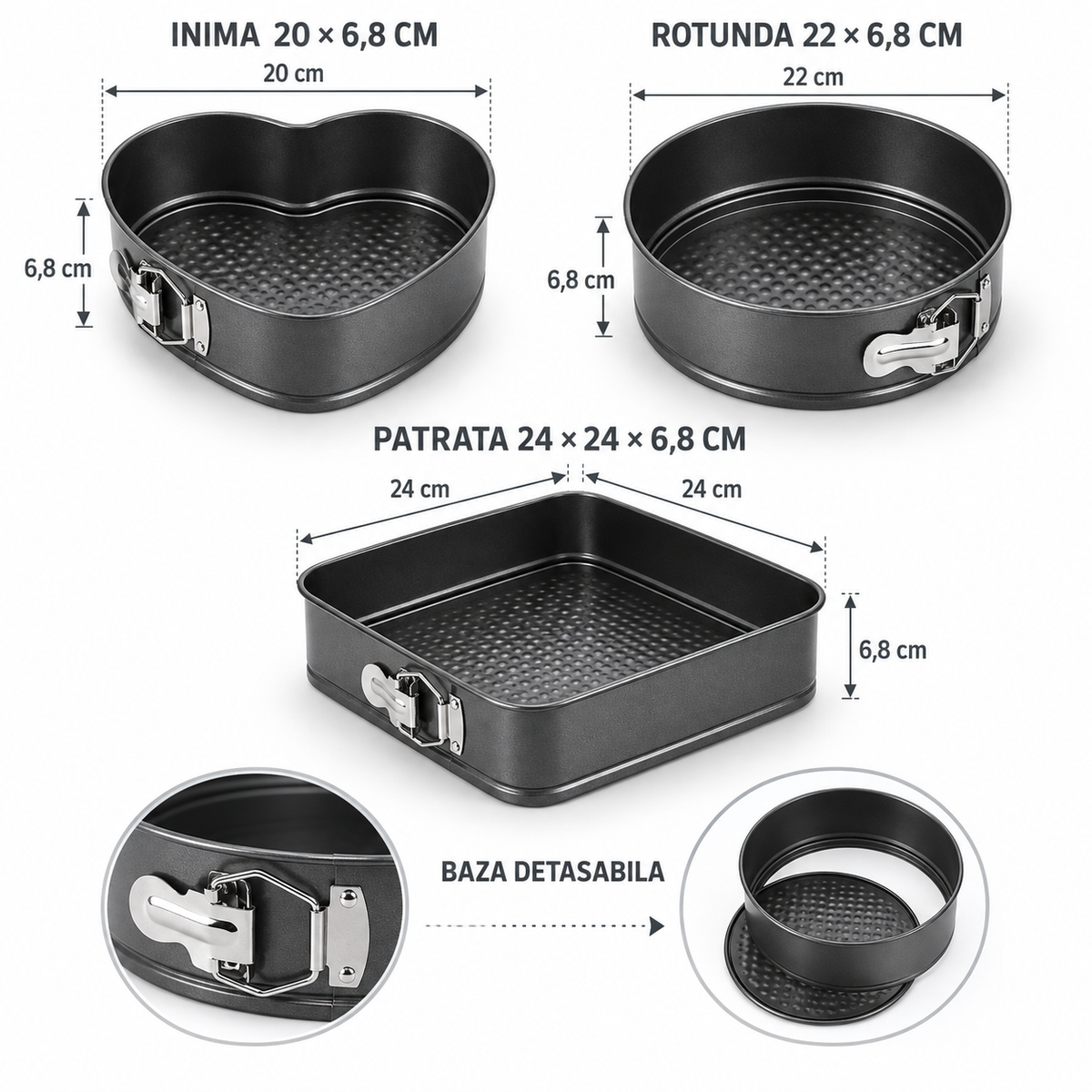 Pachet 2 Seturi de Tăvi pentru Tort cu Bază Detașabilă – 6 Bucăți, Inimă, Rotundă și Pătrată