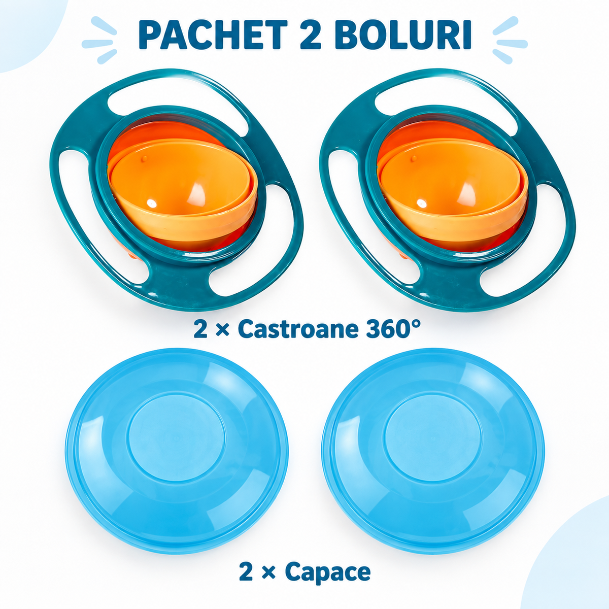 Pachet 2 Castroane Rotative 360° Anti-Vărsare pentru Copii – cu Mânere și Capace Incluse