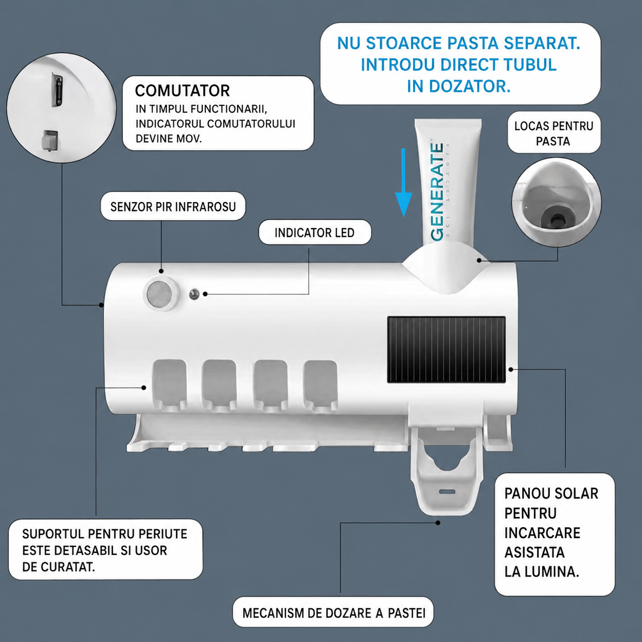 Dozator Pentru Pasta De Dinti, cu suport pentru periute, cu functie de sterilizare, lumina UV