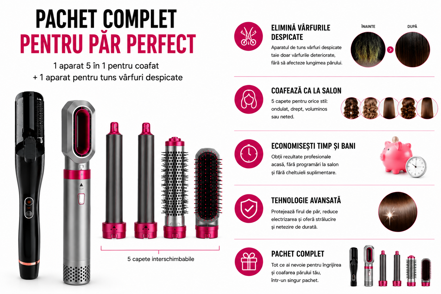Pachet Promo Beauty - Set aparat tuns varfuri + set de uscare si coafare 5 in 1 Păr Fără Vârfuri Despicate și Coafuri Impecabile