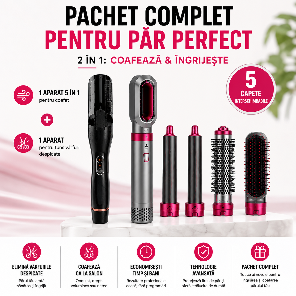Pachet Promo Beauty - Set aparat tuns varfuri + set de uscare si coafare 5 in 1 Păr Fără Vârfuri Despicate și Coafuri Impecabile