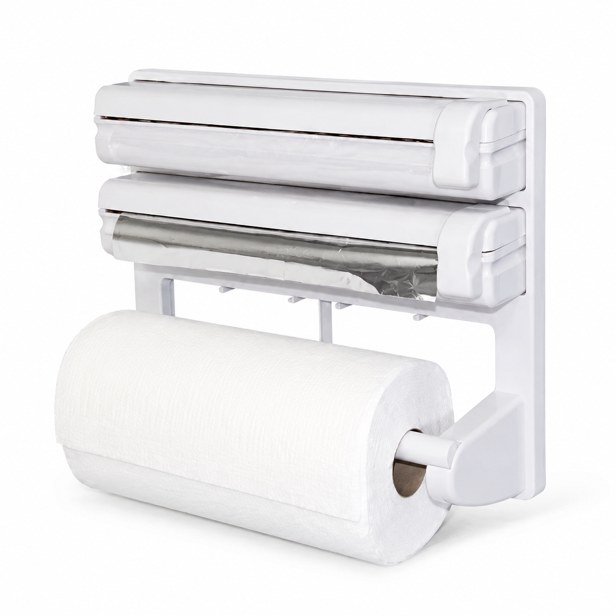 Dispenser Triplu de Bucătărie 3 în 1 pentru Hârtie, Folie Alimentară și Folie de Aluminiu, Montare pe Perete, Alb