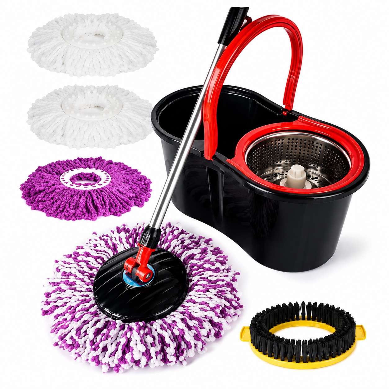 Mop Rotativ cu Microfibre Super Absorbante si Galeata, Cap Rotativ 360°, Maner Inox
