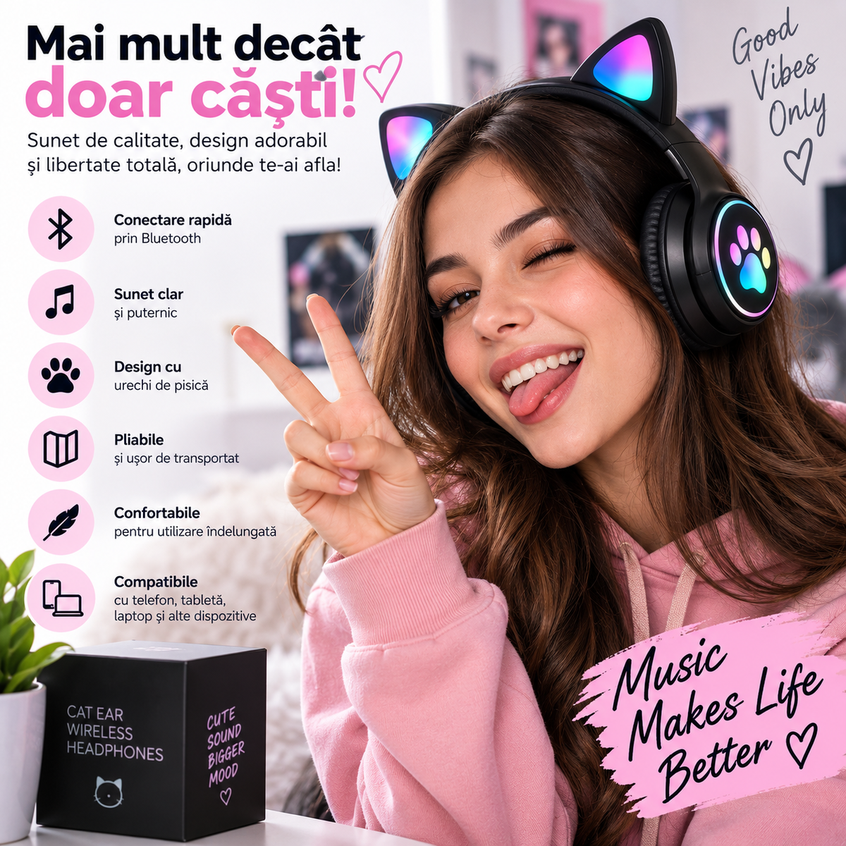 Căști Wireless Bluetooth cu Urechi de Pisică – Pliabile, Confortabile