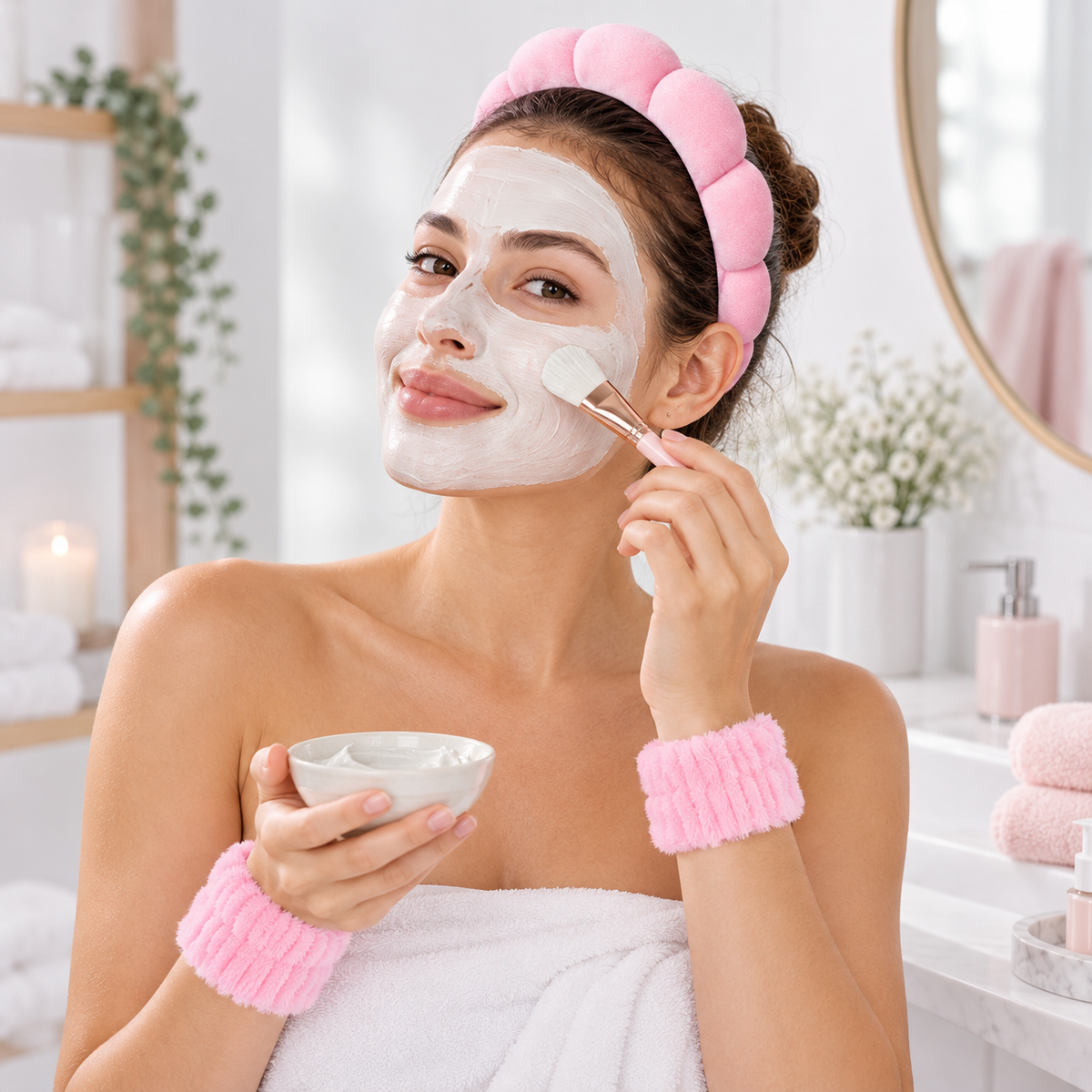 Set SPA 3 Piese – Bentiță Buretată și 2 Manșete Catifelate pentru Îngrijirea Feței, Roz