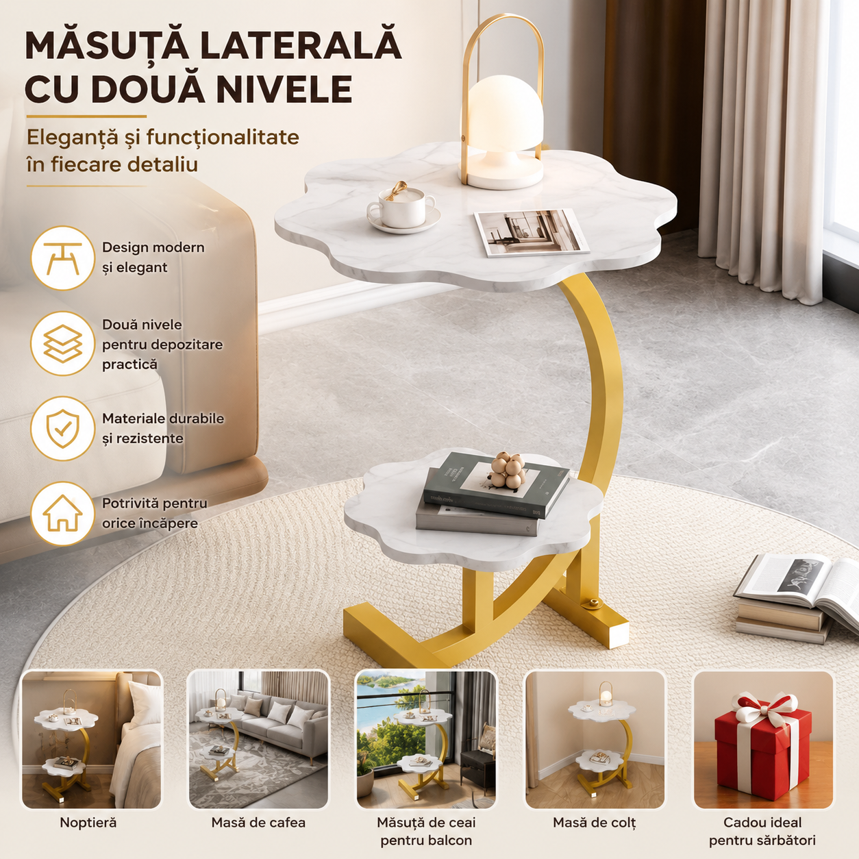 Măsuță Laterală Modernă cu Două Nivele, Alb cu aspect de marmură, Cadru metalic auriu 40 × 60 cm