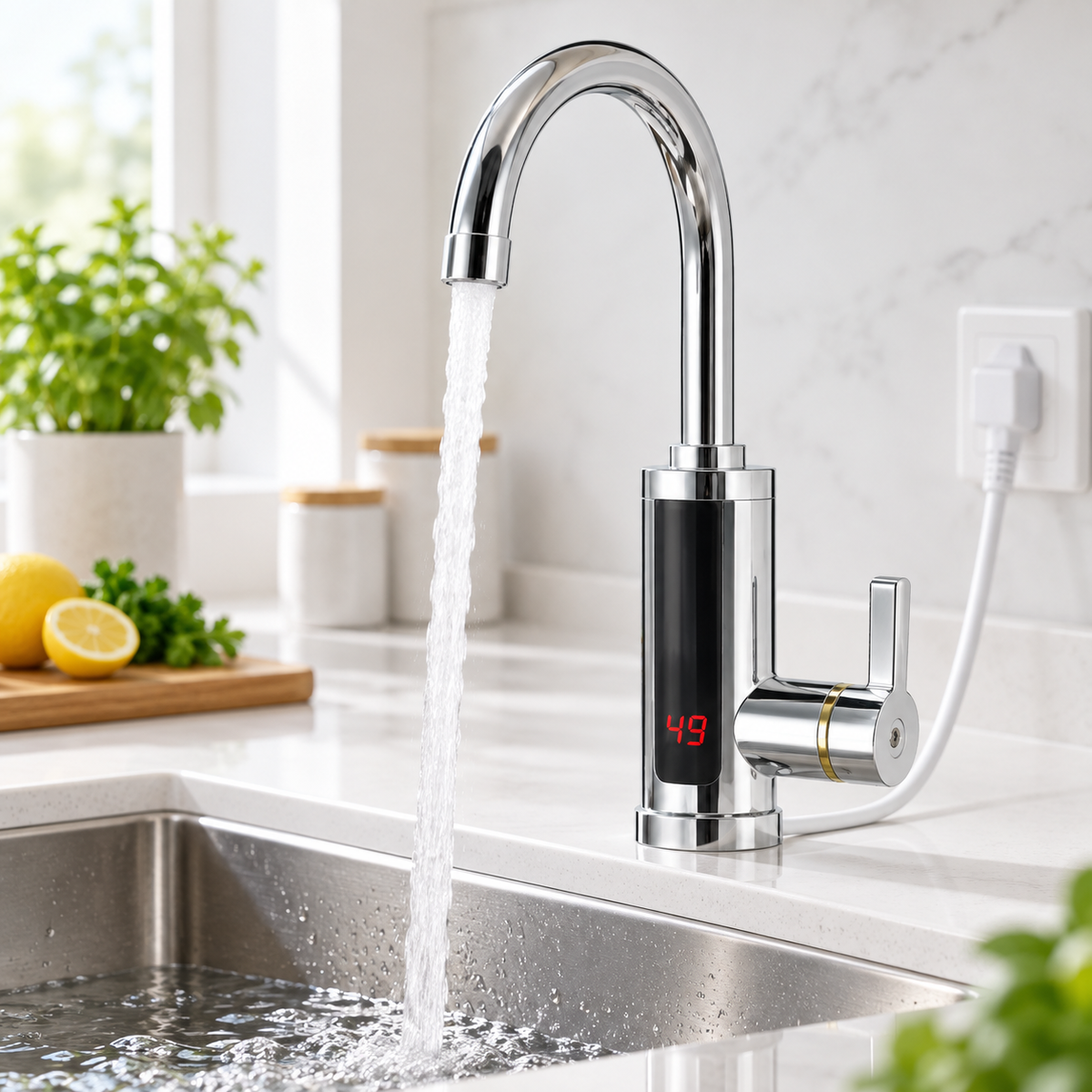 Robinet electric instant 3000W pentru apă caldă, afișaj digital, senzor și pipă rotativă 360°, inox