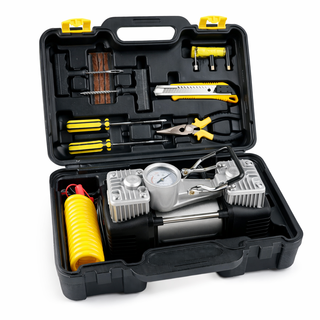 Kit reparatie pana auto + Compresor 12V 2 cilindri, 150 PSI, 7 accesorii, valiza transport