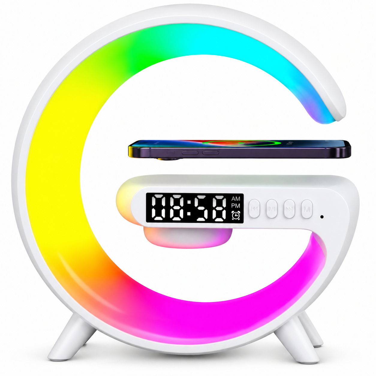 Boxa multifunctionala 4 in 1 lumina led RGB, ceas digital, incarcator wireless, lampa de veghe, radio, conectivitate Bluetooth si port USB