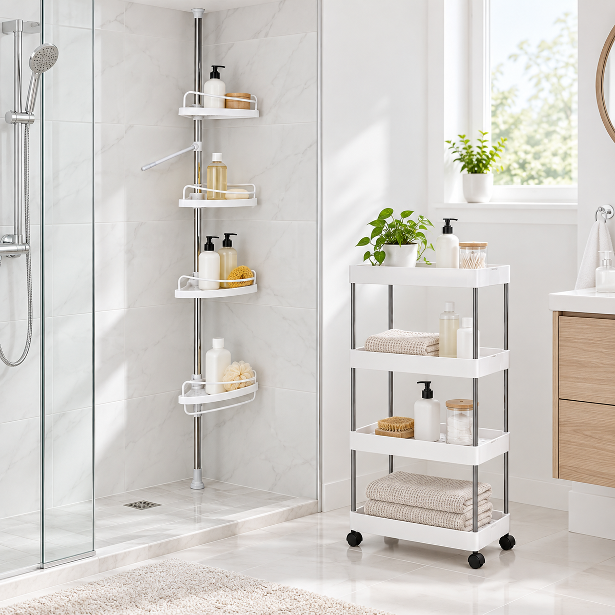 Pachet promo baie: raft organizator cu roți și etajeră telescopică de colț, 4 rafturi fiecare, 100–260 cm