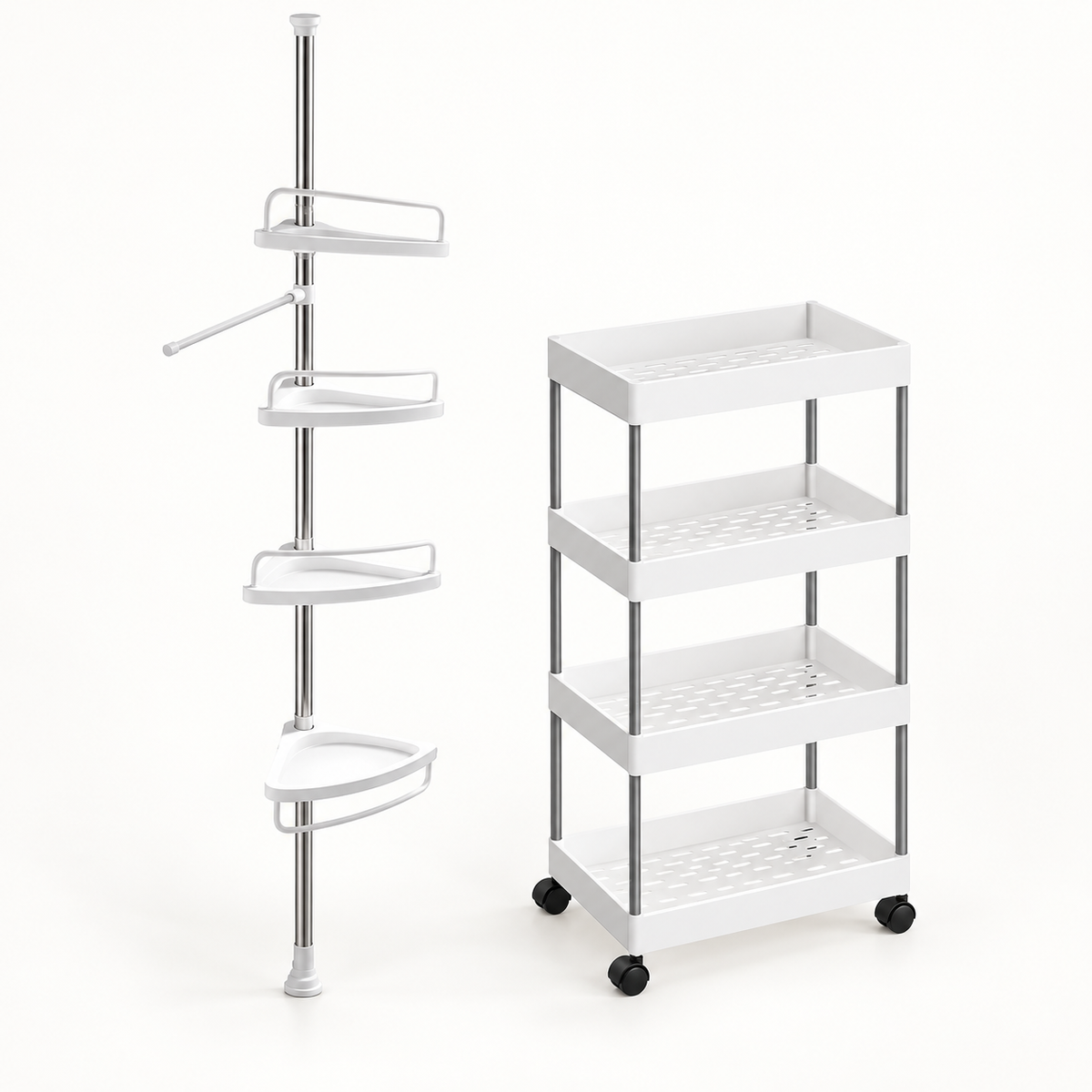 Pachet promo baie: raft organizator cu roți și etajeră telescopică de colț, 4 rafturi fiecare, 100–260 cm