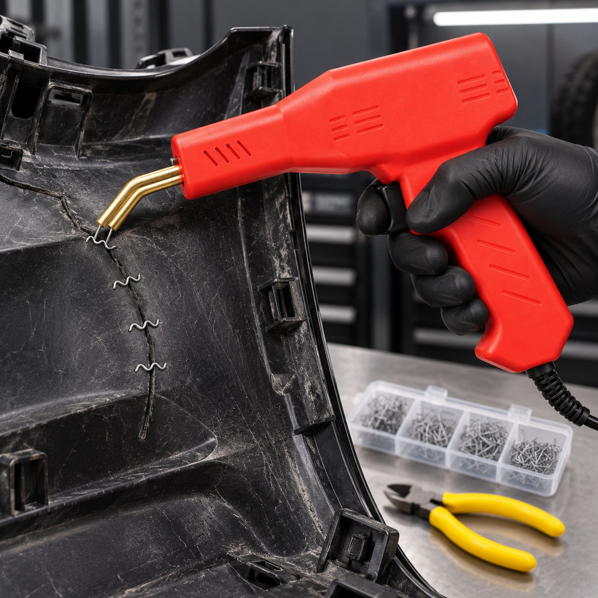 Set Pistol Profesional pentru Sudat Plastic, 50W, Încălzire Rapidă, 200 Capse, Clește, Cutter și Geantă
