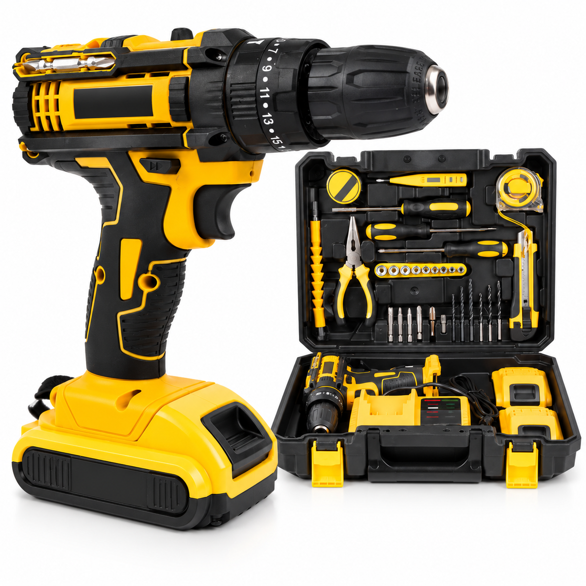 Mașină de Găurit și Înșurubat cu Percuție 48V, 2 Acumulatori și Set 26 Piese, cu Valiză – Galben/Negru