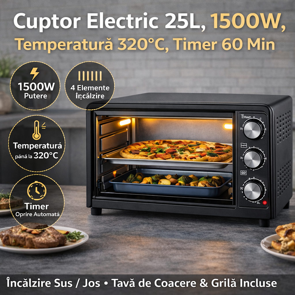 Cuptor Electric 25L 1500W – 320°C, 4 Elemente Încălzire, Timer 60 Min, Ideal pentru Pizza și Fripturi
