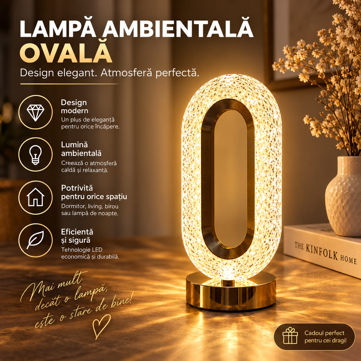 Veioză LED Diamant cu Efect de Cristal – Touch Control, 3 Moduri de Lumină, Reîncărcabilă USB