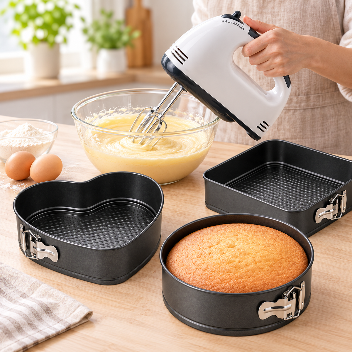Pachet Prăjituri în Familie – Mixer de Mână 250W cu Accesorii și Cutie de Depozitare + Set 3 Tăvi cu Bază Detașabilă