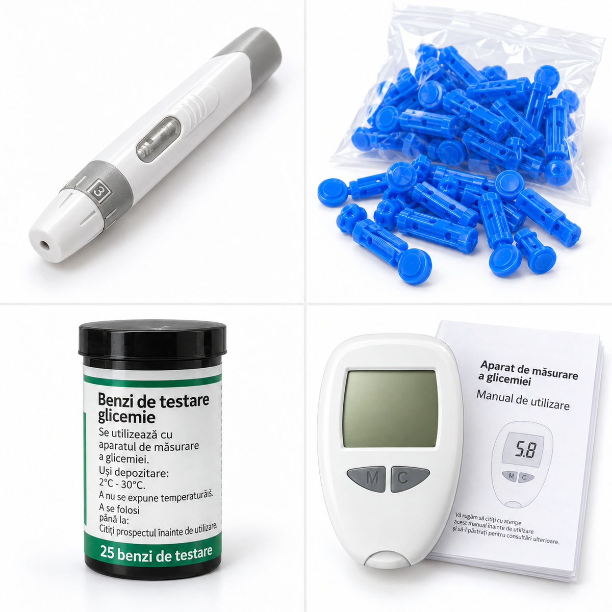 Kit glucometru digital cu 50 de teste, 50 de lanțete și stilou de înțepare, afișaj mare