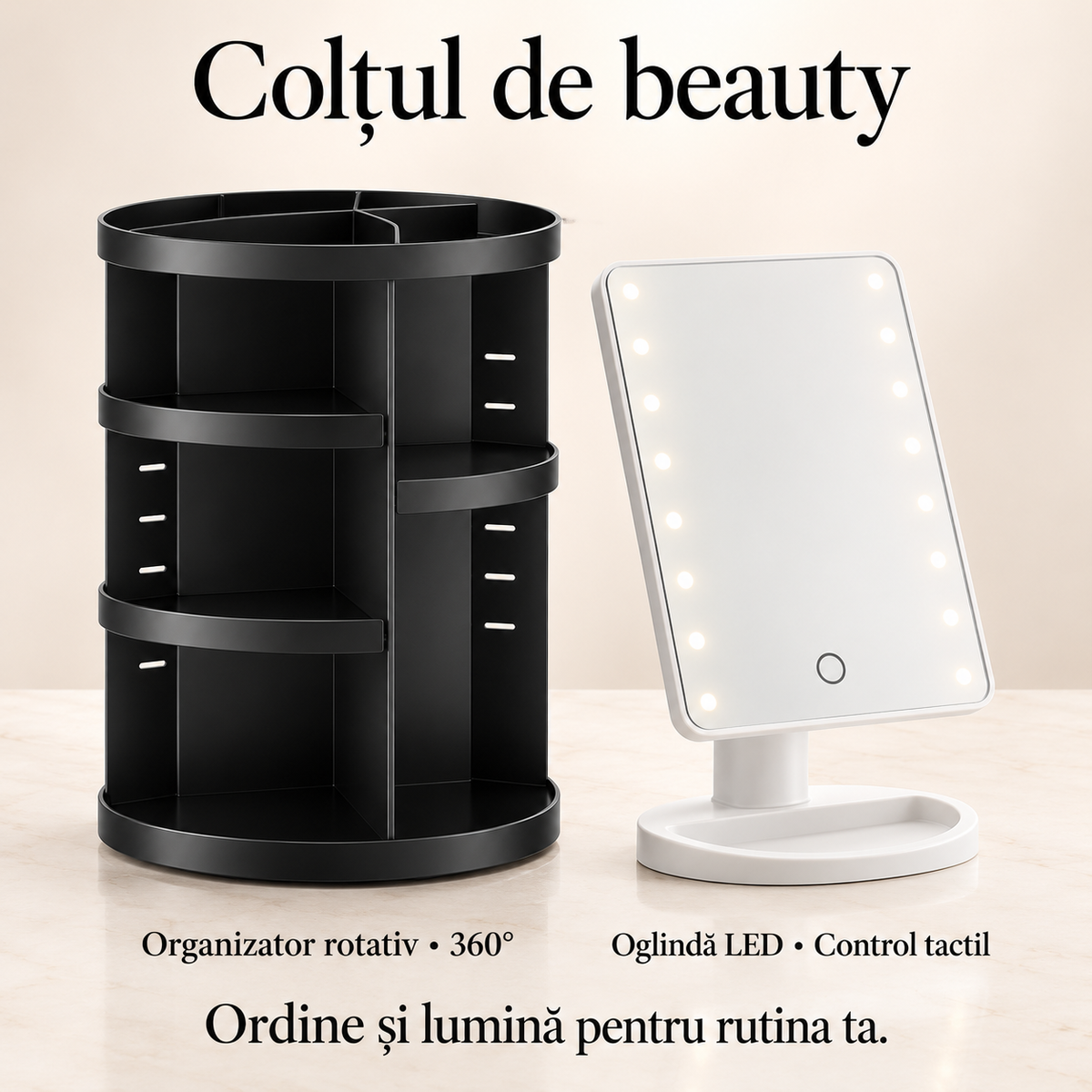 Pachet Colțul de Beauty – Organizator cosmetic rotativ 360° + oglindă dreptunghiulară cu LED și control tactil