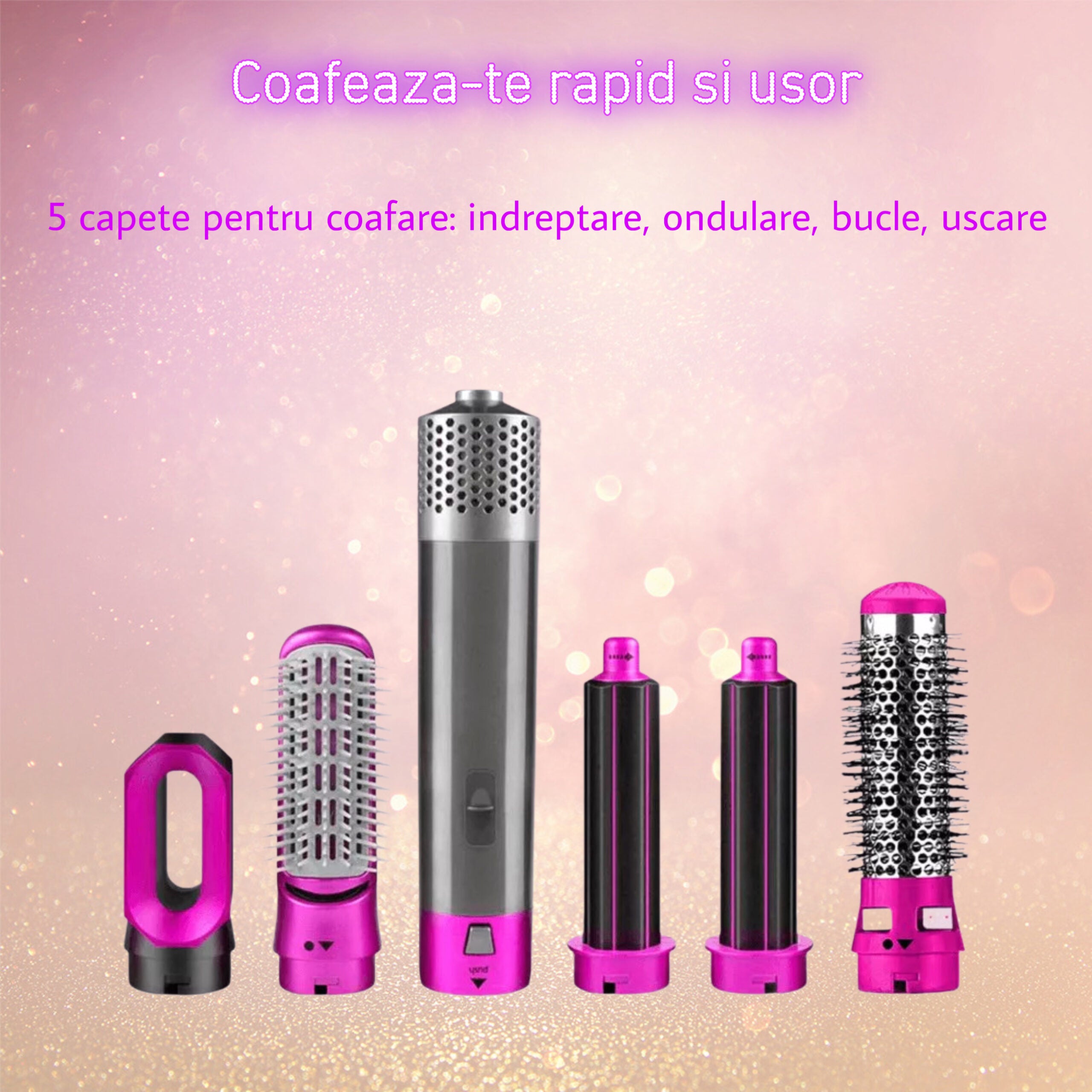 Set 5-in-1 pentru coafarea parului – Uscare, Ondulare, Netezire, Bucle si Volum, 1000W