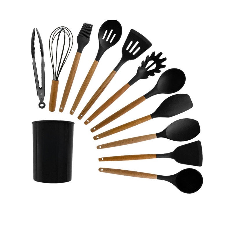 Set 12 ustensile de bucatarie din silicon si lemn, rezistente la temperaturi ridicate, antiaderente, eco-friendly, negru