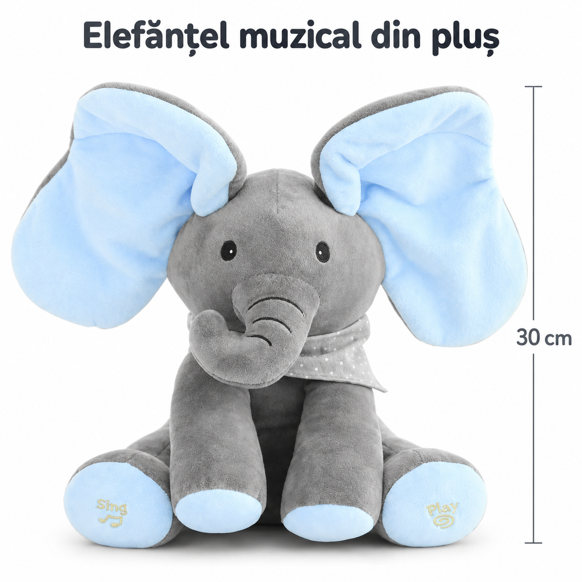 Jucărie interactivă din pluș, cu funcție muzicală, 30 cm, albastră