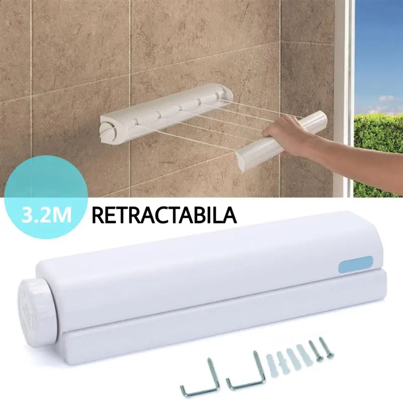 Uscator de rufe retractabil, prindere pe perete, kit montaj inclus, 4 funii x 3.2 m, alb